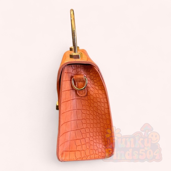 Badgley Mischka Orange Croc-Embossed Vegan Leather Mini Tote w/ Crossbody Strap - Picture 5 of 11